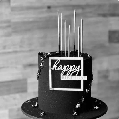 Topper na tort „Happy Birthday” – kwadratowy, srebrny (Dekor 8)