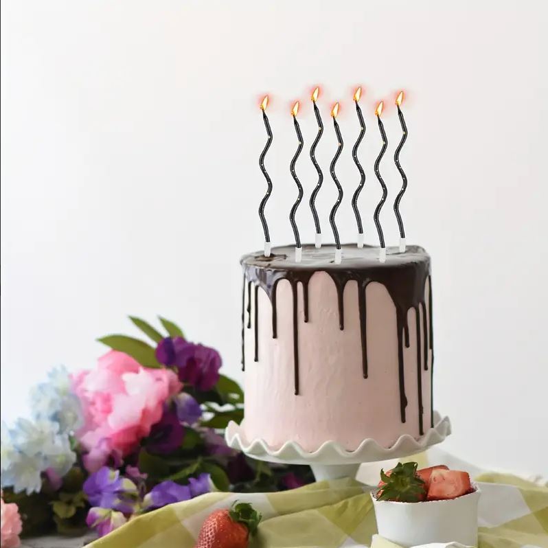 Zakręcone świeczki urodzinowe, Czerń ze złotem, 11 cm - 6 szt.