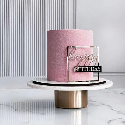 Topper na tort „Happy Birthday” – kwadratowy, różowy (Dekor 18)