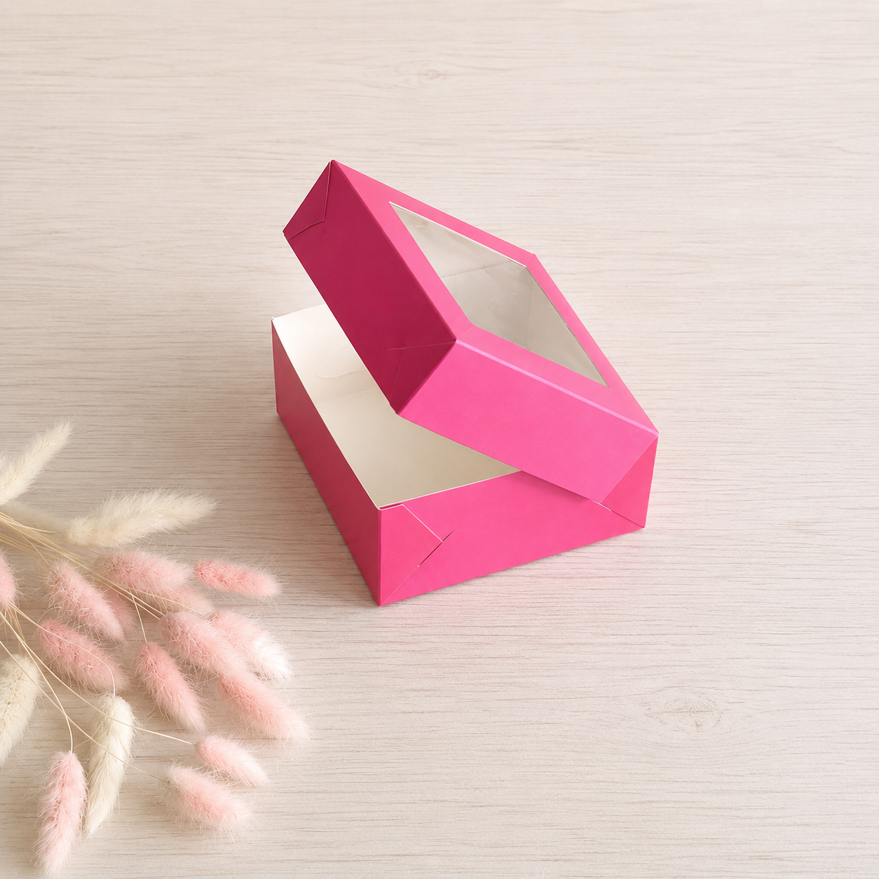 Pudełko na deser 13×13×6 cm z okienkiem, Różowe – 5 szt.