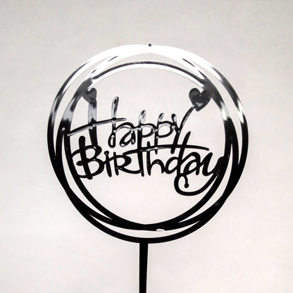 Topper na tort „Happy Birthday” – okrągły, czarny (Dekor 6)