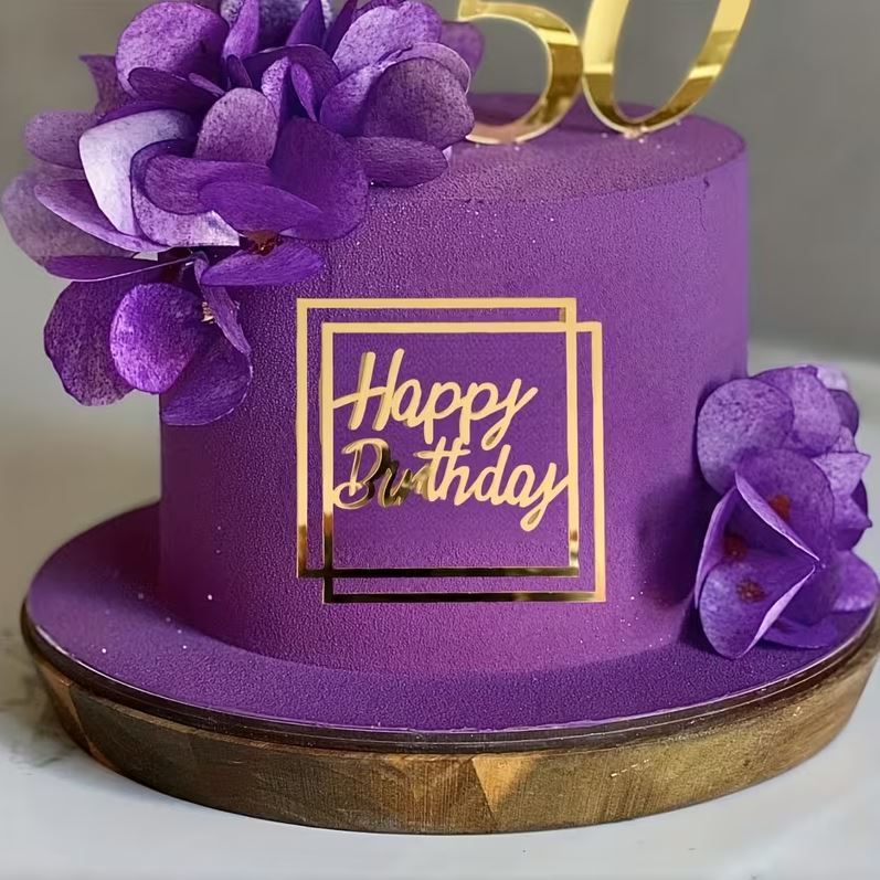 Topper na tort „Happy Birthday” – kwadratowy, złoty (Dekor 25)