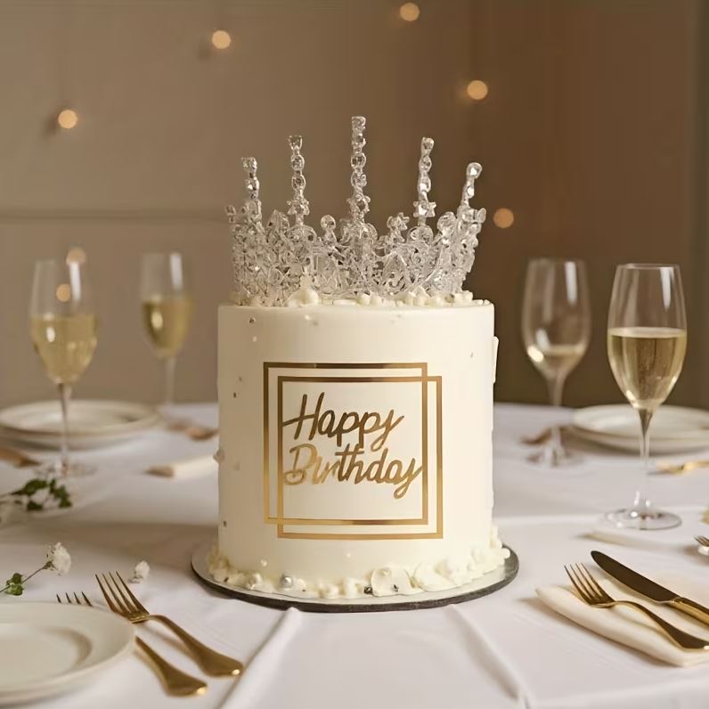 Topper na tort „Happy Birthday” – kwadratowy, złoty (Dekor 25)