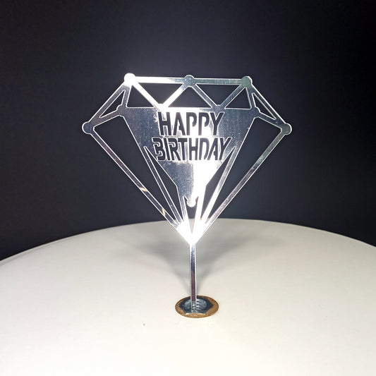 Topper na tort „Happy Birthday” – diament, srebrny (Dekor 5)
