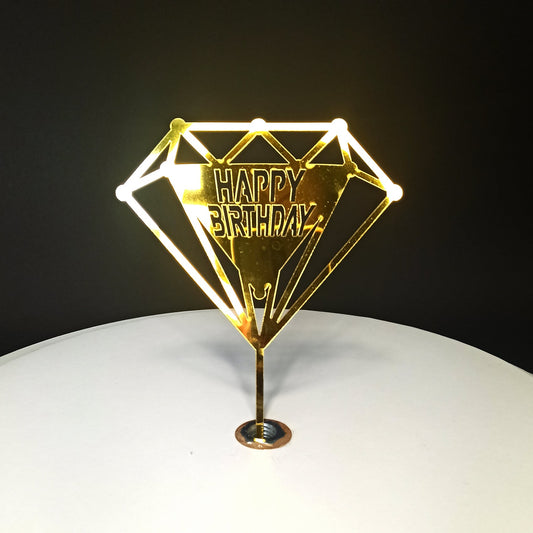 Topper na tort „Happy Birthday” – diament, złoty (Dekor 4)