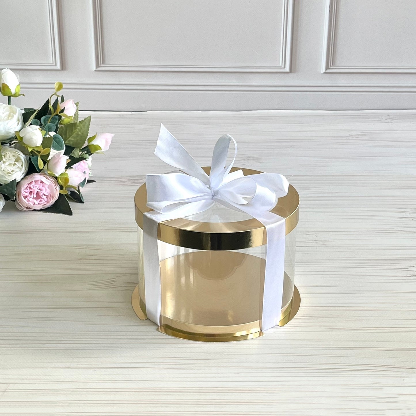 Przezroczyste okrągłe pudełko na tort 16x10 cm – Złoto, z okienkiem