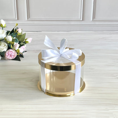Przezroczyste okrągłe pudełko na tort 16x10 cm – Złoto, z okienkiem
