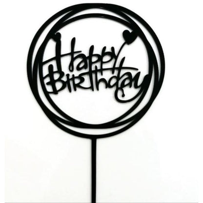 Topper na tort „Happy Birthday” – okrągły, czarny (Dekor 6)