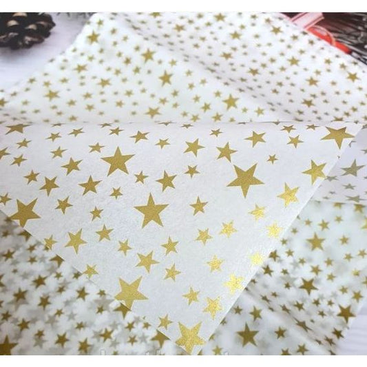 Bibuła dekoracyjna 50×65 cm (10 arkuszy) – biała w złote gwiazdki