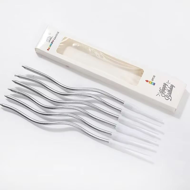 Zakręcone świeczki urodzinowe, srebrne, 11 cm – 6 szt.
