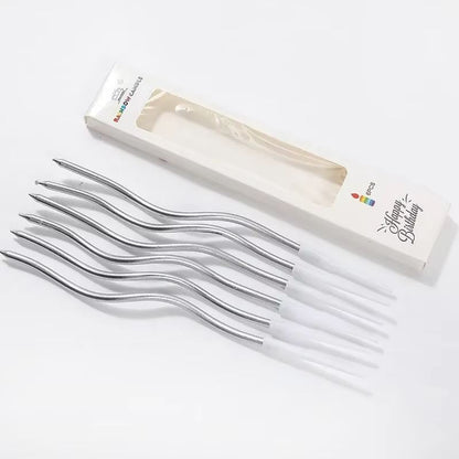 Zakręcone świeczki urodzinowe, srebrne, 11 cm – 6 szt.