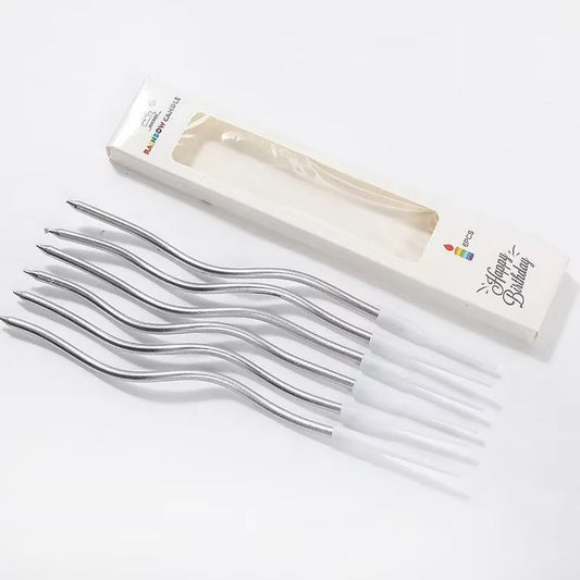 Zakręcone świeczki urodzinowe, srebrne, 11 cm – 6 szt.