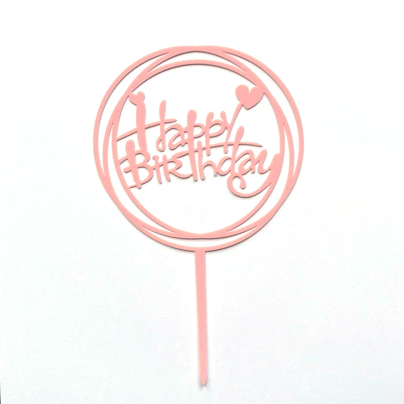 Topper na tort „Happy Birthday” – okrągły, różowy (Dekor 9)