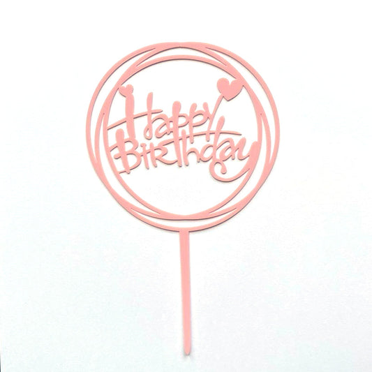 Topper na tort „Happy Birthday” – okrągły, różowy (Dekor 9)