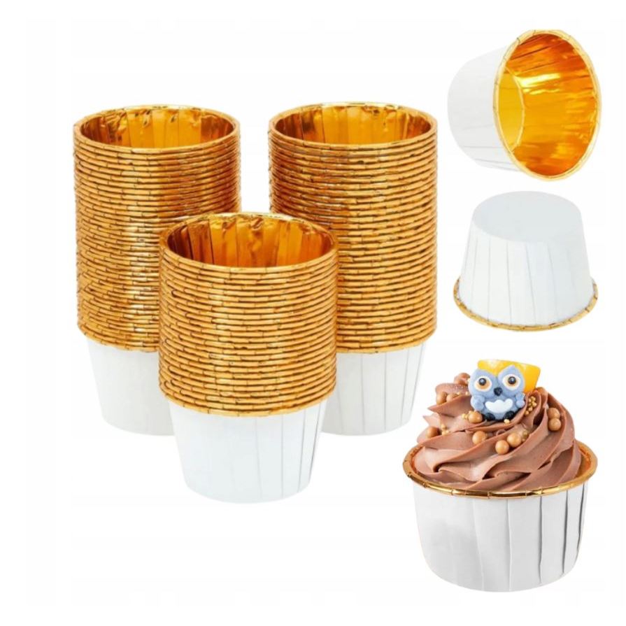 Papilotki do muffin / babeczek – 25 sztuk – Białe/złote