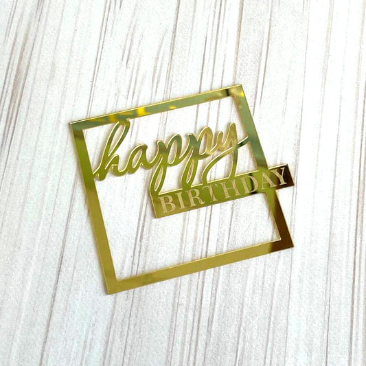 Topper na tort „Happy Birthday” – kwadratowy, złoty (Dekor 19)