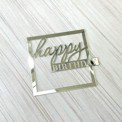 Topper na tort „Happy Birthday” – kwadratowy, srebrny (Dekor 8)