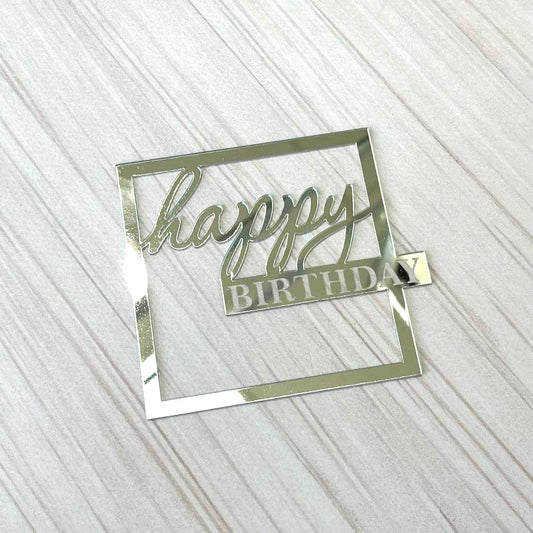 Topper na tort „Happy Birthday” – kwadratowy, srebrny (Dekor 8)