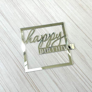 Topper na tort „Happy Birthday” – kwadratowy, srebrny (Dekor 8)