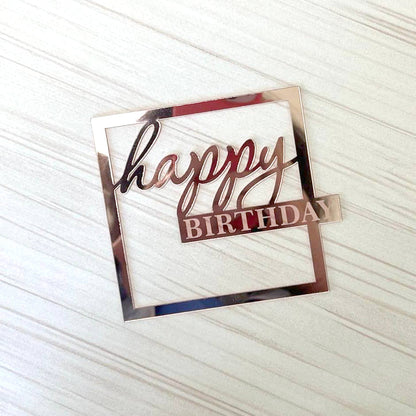 Topper na tort „Happy Birthday” – kwadratowy, różowy (Dekor 18)