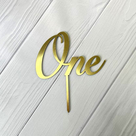 Topper na tort „One” na patyczku, złoty (Dekor 14)