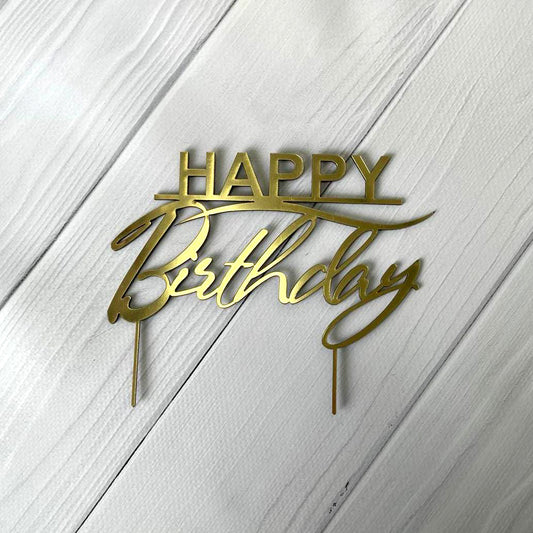 Topper na tort „Happy Birthday” – na patyczkach, złoty (Dekor 11)
