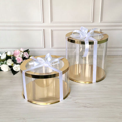 Przezroczyste okrągłe pudełko na tort 20x20 cm – Złoto, z okienkiem