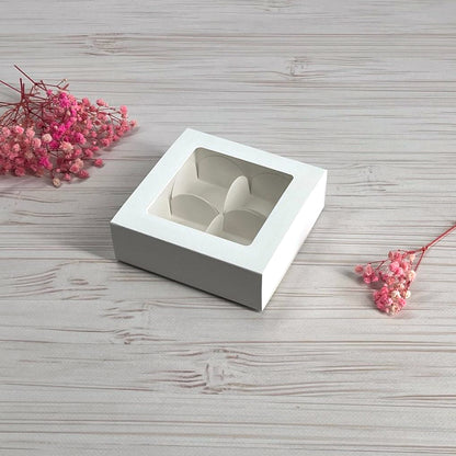 Pudełko na 4 pralinki, z okienkiem, białe, 112x112x30 mm, 5 szt.
