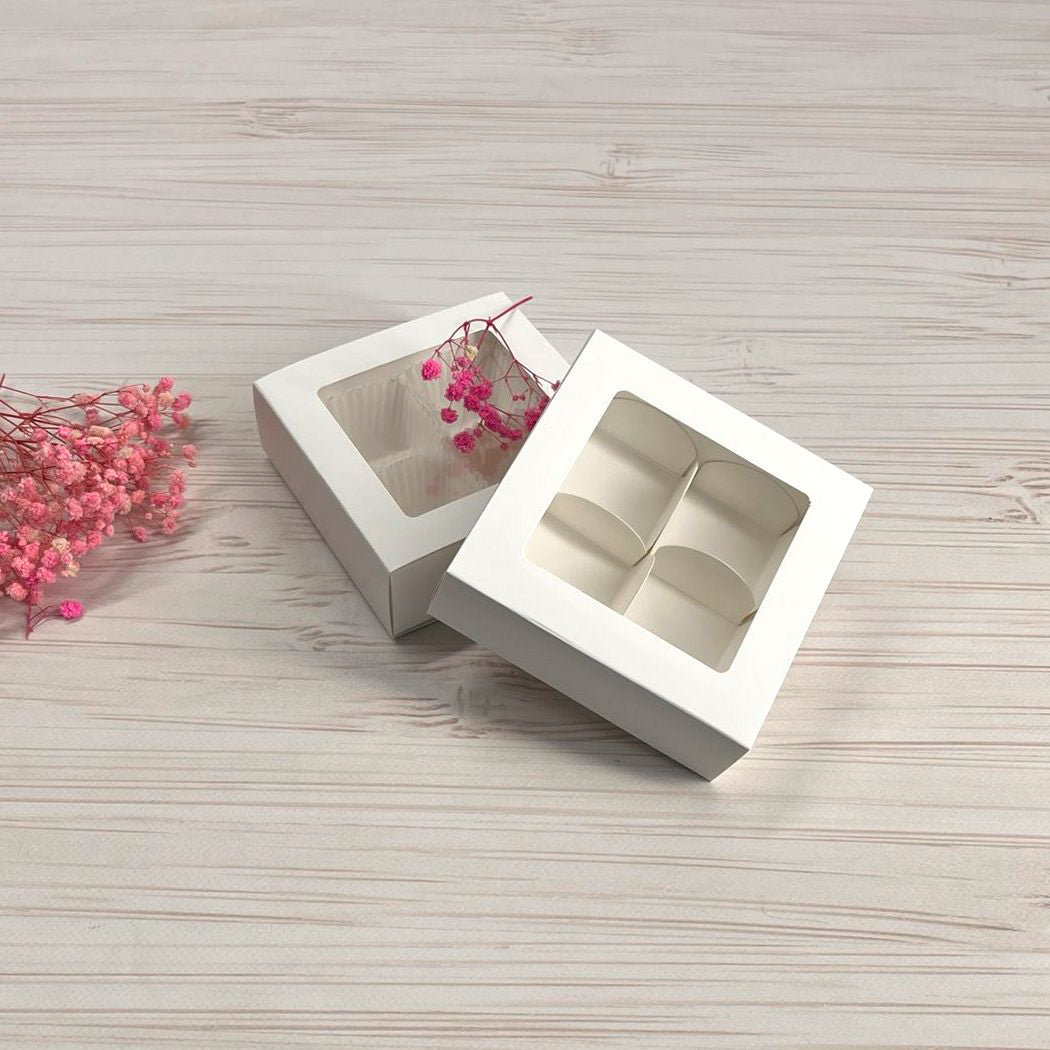 Pudełko na 4 pralinki, z okienkiem, białe, 112x112x30 mm, 5 szt.